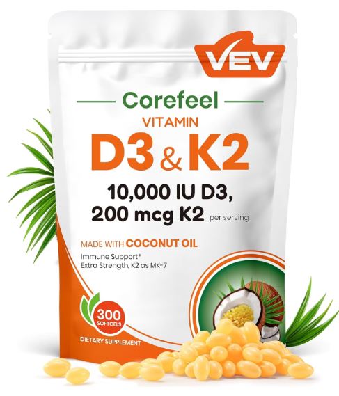 VEV Corefeel Vitamin D3 K2 10,000 IU, 200 mcg MK-7, 300 Softgels