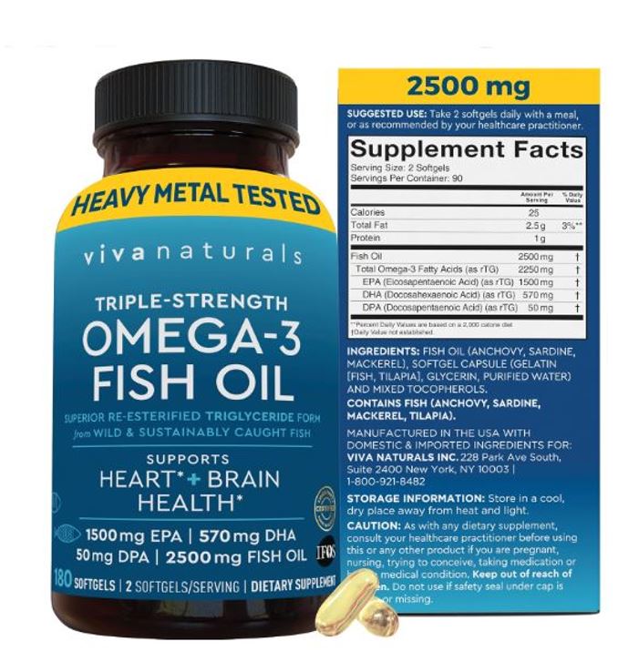 Viva Naturals Omega 3 Fish Oil-2500 mg Triple Strength 180 Softgels