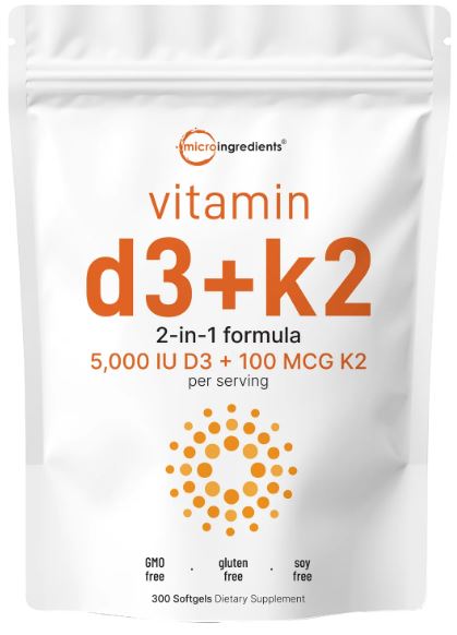 Micro Ingredients Vitamin D3 K2 Softgels 5000IU 300 Softgels